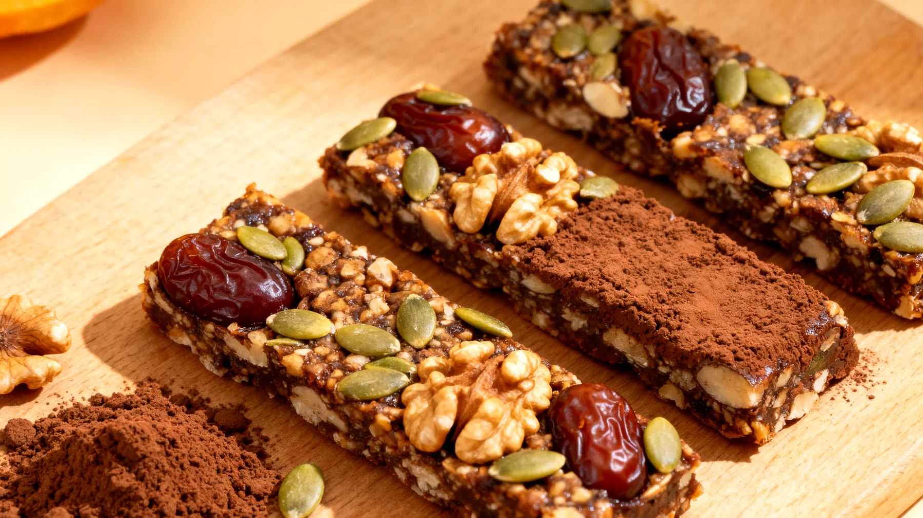 Barrette di datteri, noci e cacao con semi di zucca"