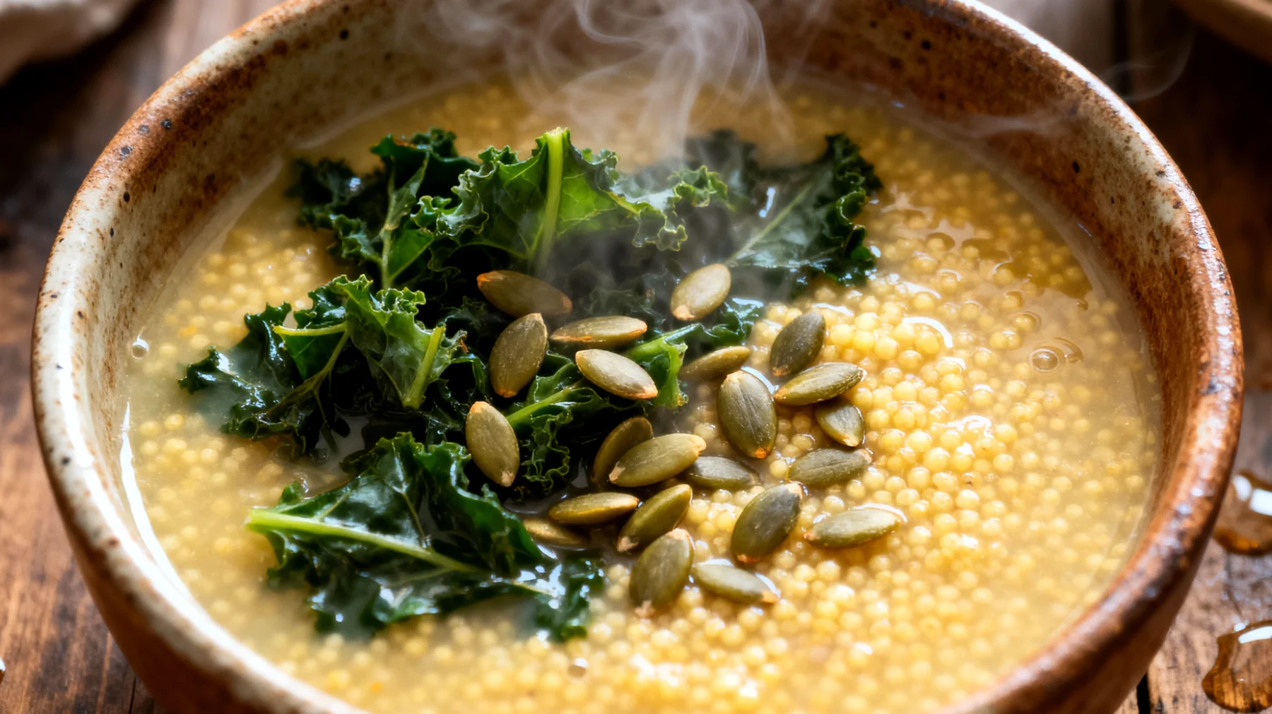 Zuppa di miglio con verdure amare e semi di zucca"